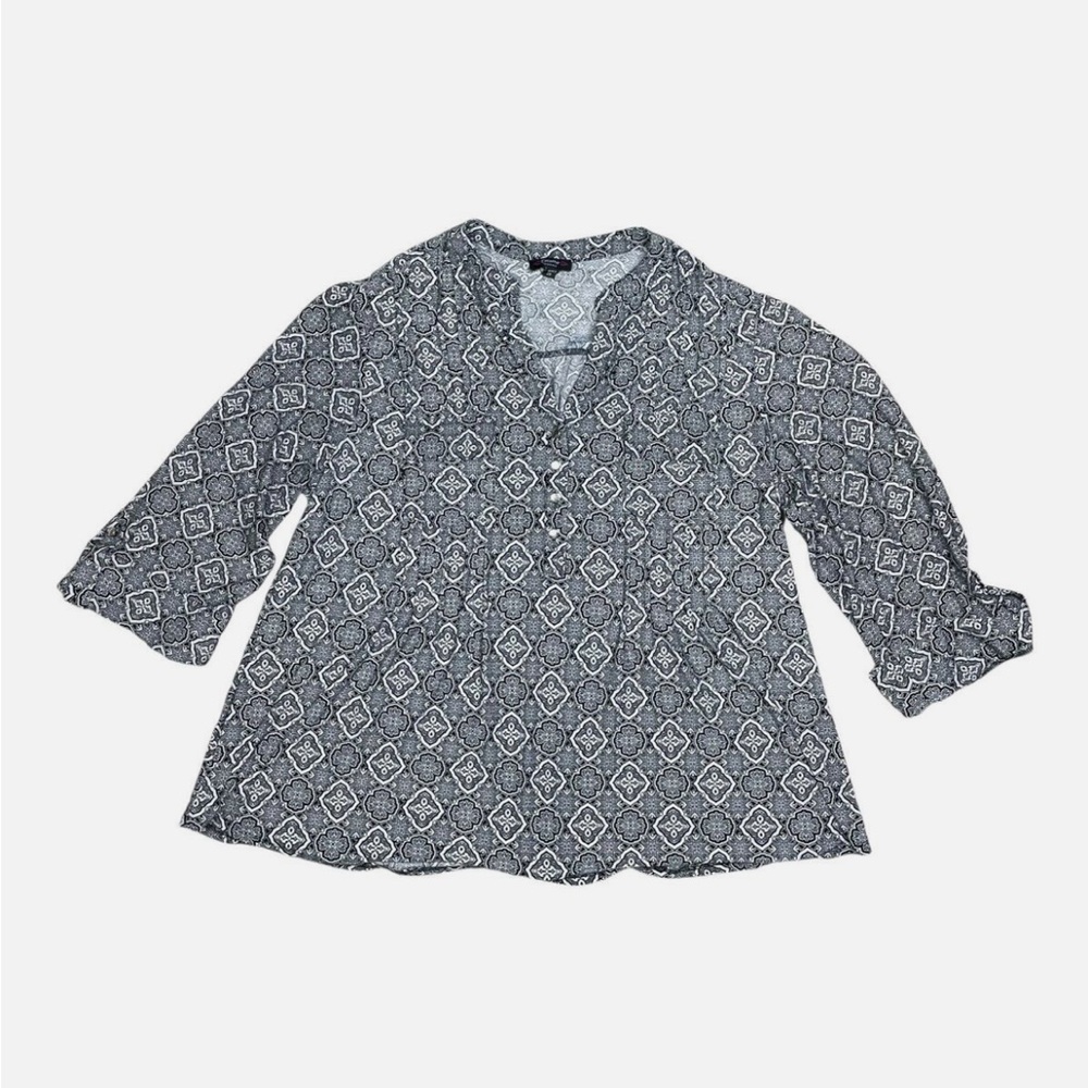 Cocomo Top Women Plus 2X Black Geometric Pullover Blouse Roll Tab Sleeve Stretch